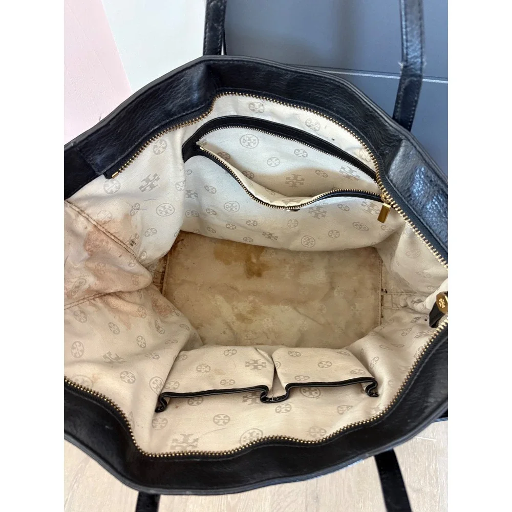 Tory Burch Black Pebbled Leather Side Zip Snakeskin Gusset Tote Bag